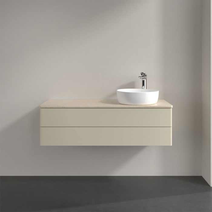 Villeroy & Boch Antao Waschbeckenunterschrank, 120 x 36 cm, 2 Auszüge mit LED-Licht, Front ohne Struktur, mit Hahnloch, für Waschtisch rechts