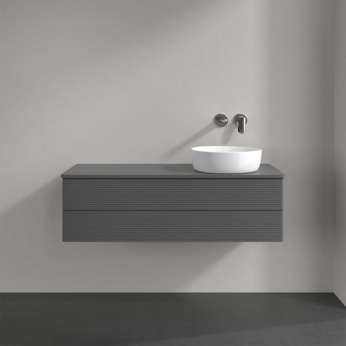 Villeroy & Boch Antao Waschbeckenunterschrank, 120 x 36 cm, 2 Auszüge mit LED-Licht, Front mit Struktur, ohne Hahnloch, für Waschtisch rechts
