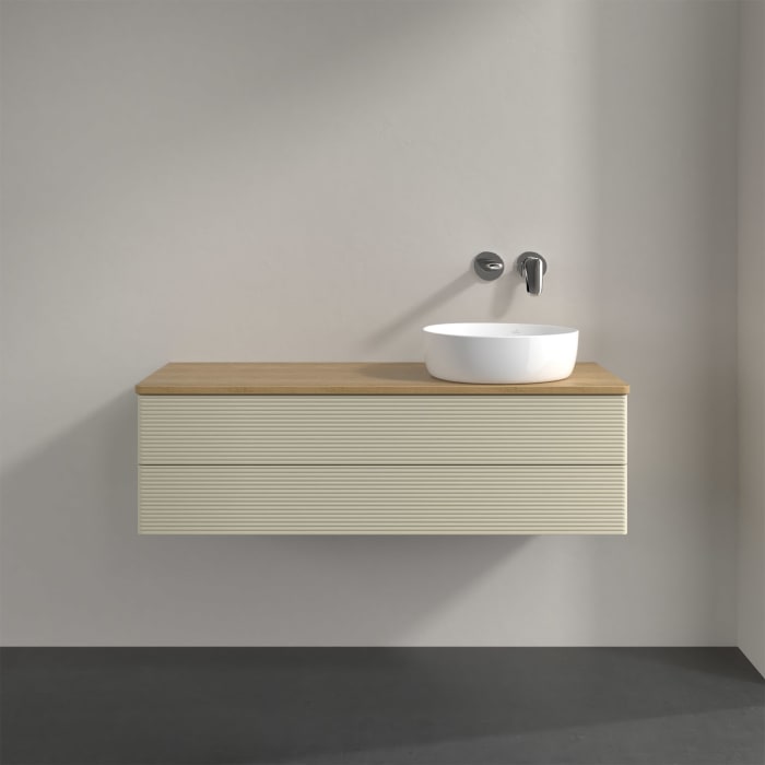 Villeroy & Boch Antao Waschbeckenunterschrank, 120 x 36 cm, 2 Auszüge mit LED-Licht, Front mit Struktur, ohne Hahnloch, für Waschtisch rechts