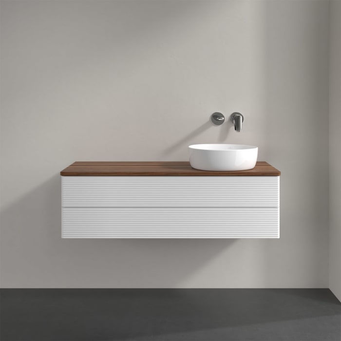 Villeroy & Boch Antao Waschbeckenunterschrank, 120 x 36 cm, 2 Auszüge mit LED-Licht, Front mit Struktur, ohne Hahnloch, für Waschtisch rechts