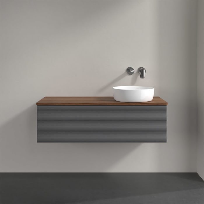Villeroy & Boch Antao Waschbeckenunterschrank, 120 x 36 cm, 2 Auszüge mit LED-Licht, Front mit Struktur, ohne Hahnloch, für Waschtisch rechts