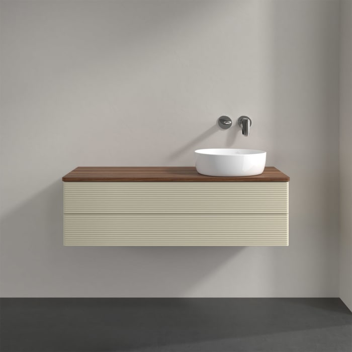 Villeroy & Boch Antao Waschbeckenunterschrank, 120 x 36 cm, 2 Auszüge mit LED-Licht, Front mit Struktur, ohne Hahnloch, für Waschtisch rechts