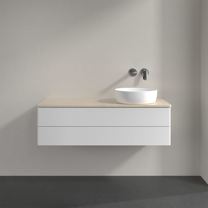 Villeroy & Boch Antao Waschbeckenunterschrank, 120 x 36 cm, 2 Auszüge mit LED-Licht, Front mit Struktur, ohne Hahnloch, für Waschtisch rechts