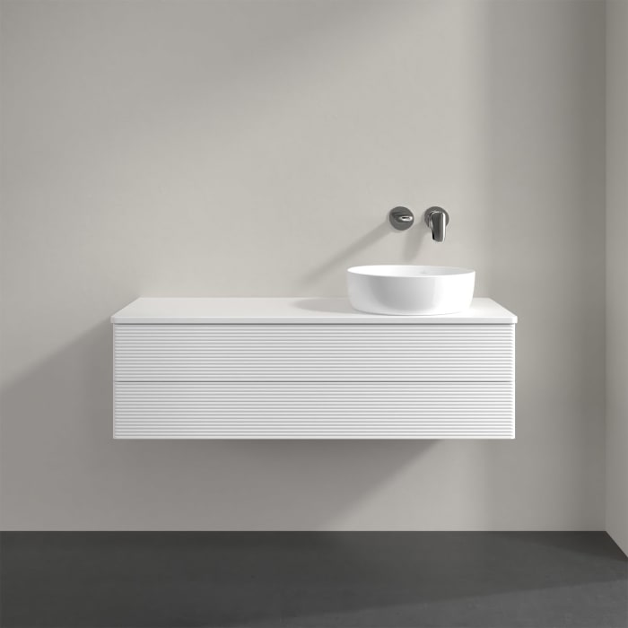 Villeroy & Boch Antao Waschbeckenunterschrank, 120 x 36 cm, 2 Auszüge mit LED-Licht, Front mit Struktur, mit Hahnloch, für Waschtisch rechts