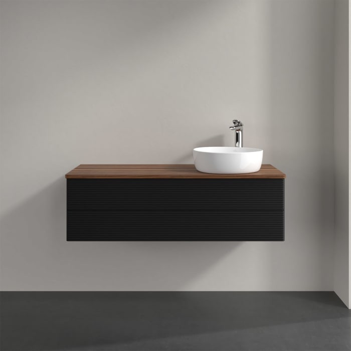 Villeroy & Boch Antao Waschbeckenunterschrank, 120 x 36 cm, 2 Auszüge mit LED-Licht, Front mit Struktur, mit Hahnloch, für Waschtisch rechts