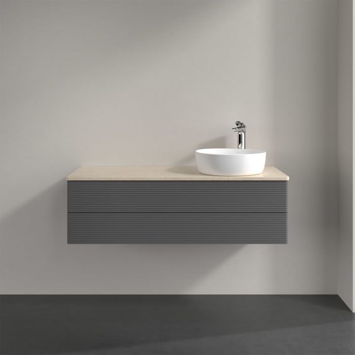 Villeroy & Boch Antao Waschbeckenunterschrank, 120 x 36 cm, 2 Auszüge mit LED-Licht, Front mit Struktur, mit Hahnloch, für Waschtisch rechts
