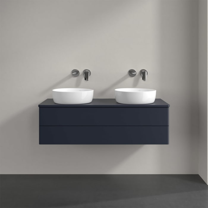 Villeroy & Boch Antao Waschbeckenunterschrank, 120 x 36 cm, 2 Auszüge mit LED-Licht, Front ohne Struktur, mit Hahnloch, für Waschtisch links und recht