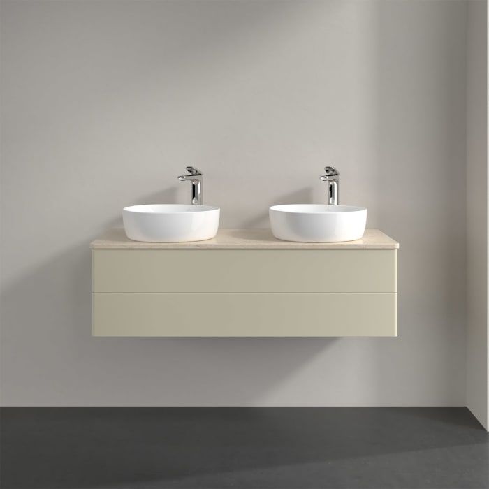 Villeroy & Boch Antao Waschbeckenunterschrank, 120 x 36 cm, 2 Auszüge mit LED-Licht, Front ohne Struktur, mit Hahnloch, für Waschtisch links und recht