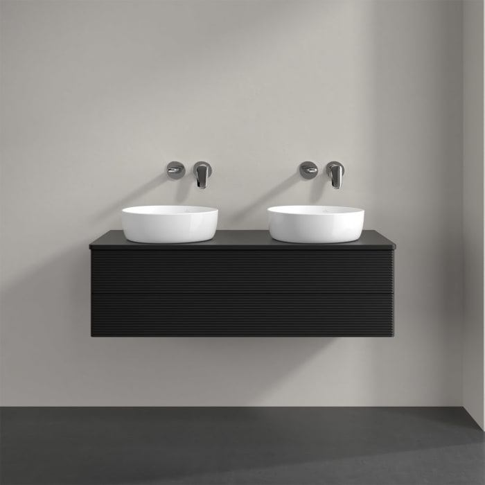 Villeroy & Boch Antao Waschbeckenunterschrank, 120 x 36 cm, 2 Auszüge mit LED-Licht, Front mit Struktur, mit Hahnloch, für Waschtisch links und rechts