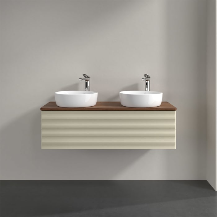 Villeroy & Boch Antao Waschbeckenunterschrank, 120 x 36 cm, 2 Auszüge mit LED-Licht, Front mit Struktur, mit Hahnloch, für Waschtisch links und rechts