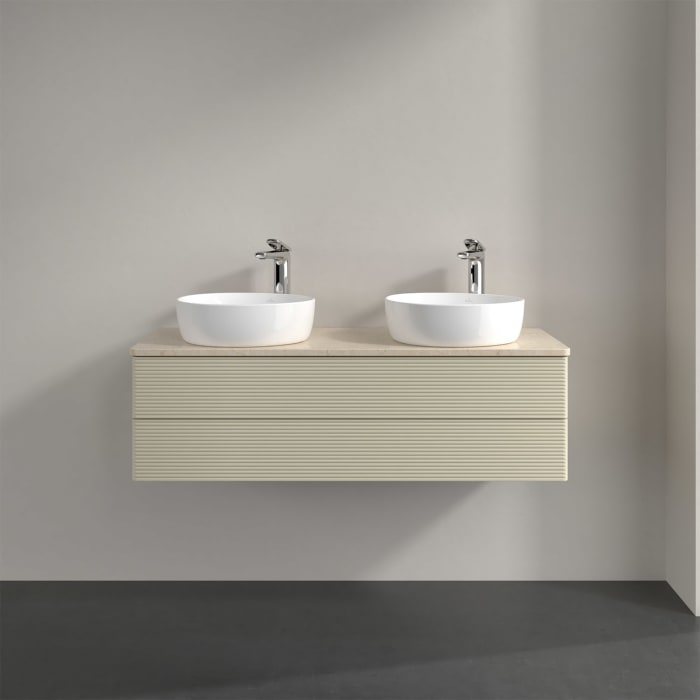 Villeroy & Boch Antao Waschbeckenunterschrank, 120 x 36 cm, 2 Auszüge mit LED-Licht, Front mit Struktur, mit Hahnloch, für Waschtisch links und rechts