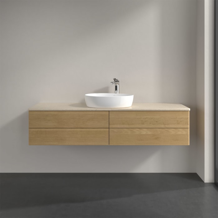 Villeroy & Boch Antao Waschbeckenunterschrank, 160 x 36 cm, 4 Auszüge mit LED-Licht, Front ohne Struktur, mit Hahnloch, für Waschtisch mittig