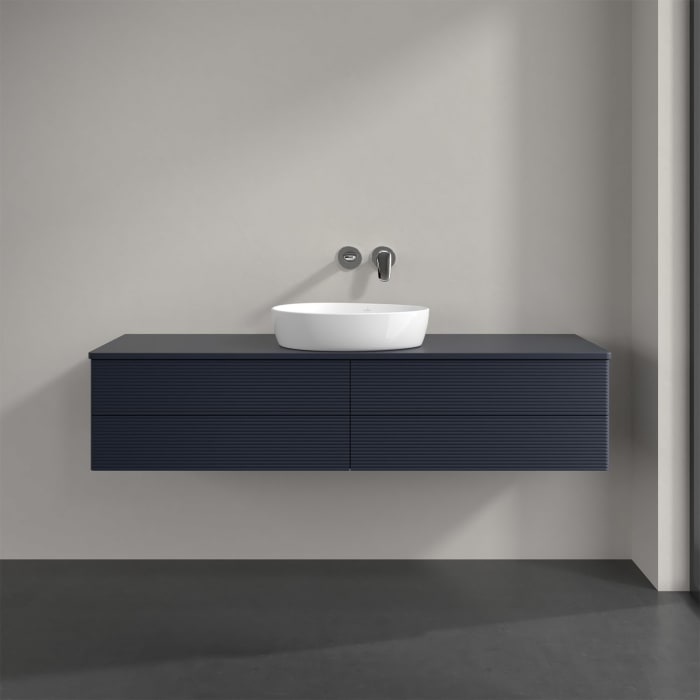 Villeroy & Boch Antao Waschbeckenunterschrank, 160 x 36 cm, 4 Auszüge mit LED-Licht, Front mit Struktur, mit Hahnloch, für Waschtisch mittig