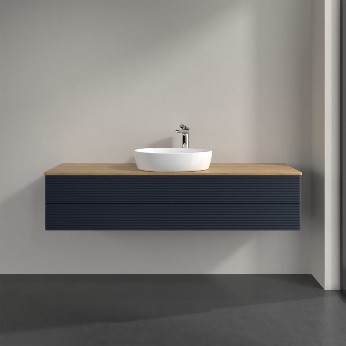 Villeroy & Boch Antao Waschbeckenunterschrank, 160 x 36 cm, 4 Auszüge mit LED-Licht, Front mit Struktur, mit Hahnloch, für Waschtisch mittig