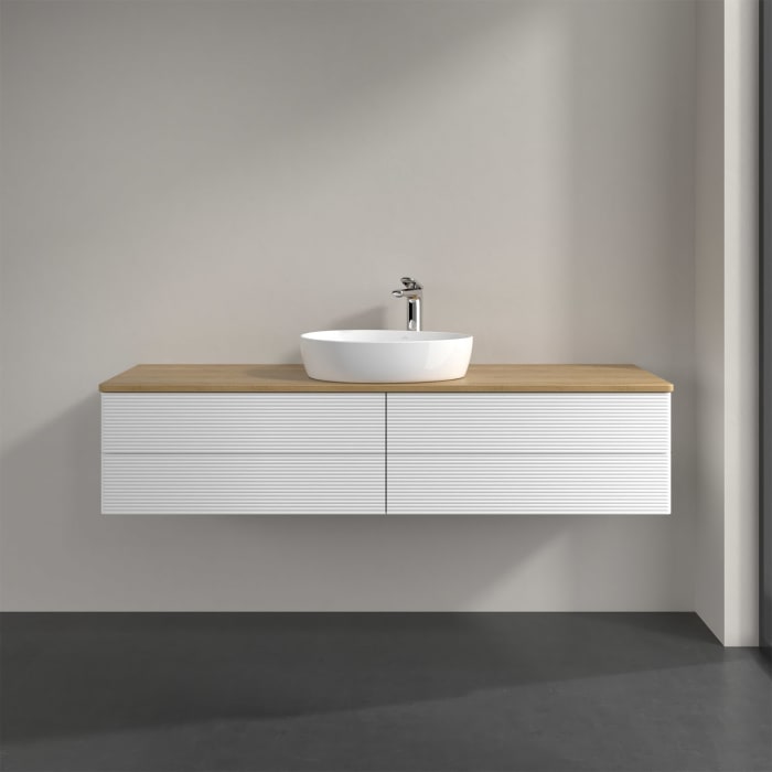 Villeroy & Boch Antao Waschbeckenunterschrank, 160 x 36 cm, 4 Auszüge mit LED-Licht, Front mit Struktur, mit Hahnloch, für Waschtisch mittig
