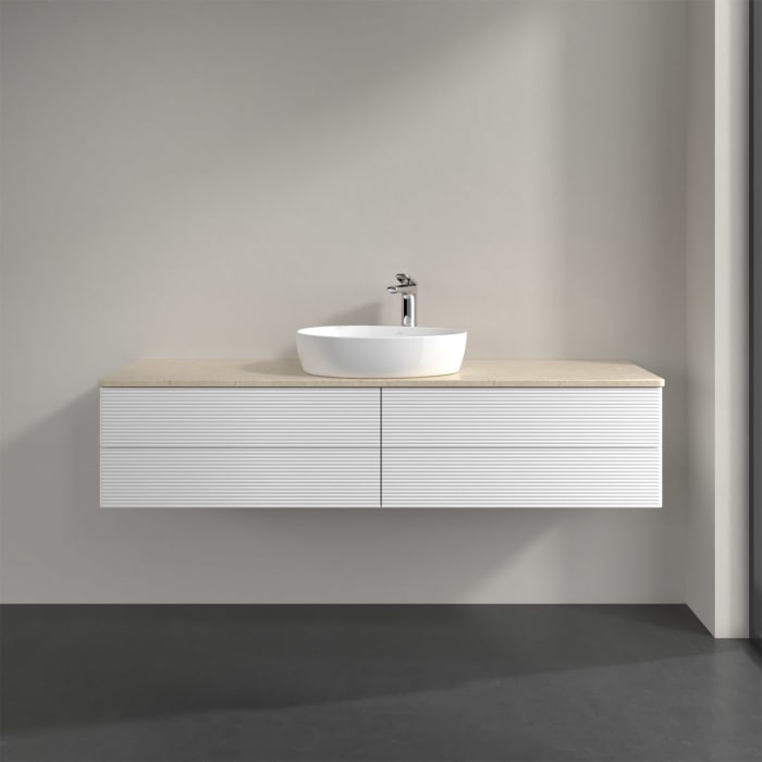 Villeroy & Boch Antao Waschbeckenunterschrank, 160 x 36 cm, 4 Auszüge mit LED-Licht, Front mit Struktur, mit Hahnloch, für Waschtisch mittig