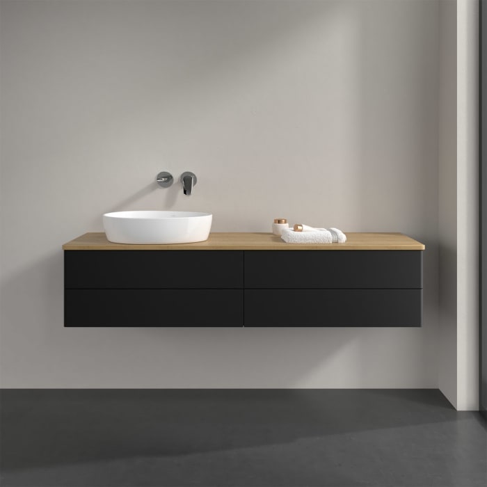 Villeroy & Boch Antao Waschbeckenunterschrank, 160 x 36 cm, 4 Auszüge mit LED-Licht, Front ohne Struktur, ohne Hahnloch, für Waschtisch links