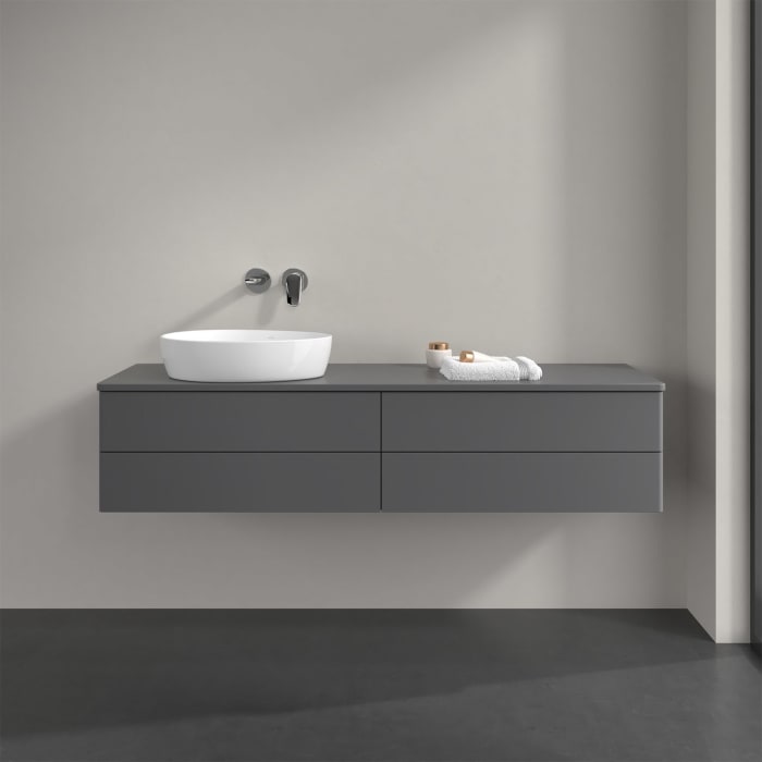 Villeroy & Boch Antao Waschbeckenunterschrank, 160 x 36 cm, 4 Auszüge mit LED-Licht, Front ohne Struktur, mit Hahnloch, für Waschtisch links