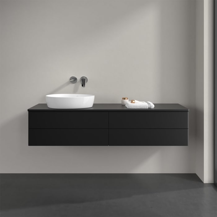 Villeroy & Boch Antao Waschbeckenunterschrank, 160 x 36 cm, 4 Auszüge mit LED-Licht, Front ohne Struktur, mit Hahnloch, für Waschtisch links