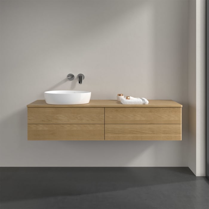 Villeroy & Boch Antao Waschbeckenunterschrank, 160 x 36 cm, 4 Auszüge mit LED-Licht, Front mit Struktur, ohne Hahnloch, für Waschtisch links