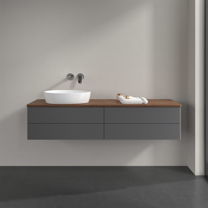Villeroy & Boch Antao Waschbeckenunterschrank, 160 x 36 cm, 4 Auszüge mit LED-Licht, Front mit Struktur, ohne Hahnloch, für Waschtisch links