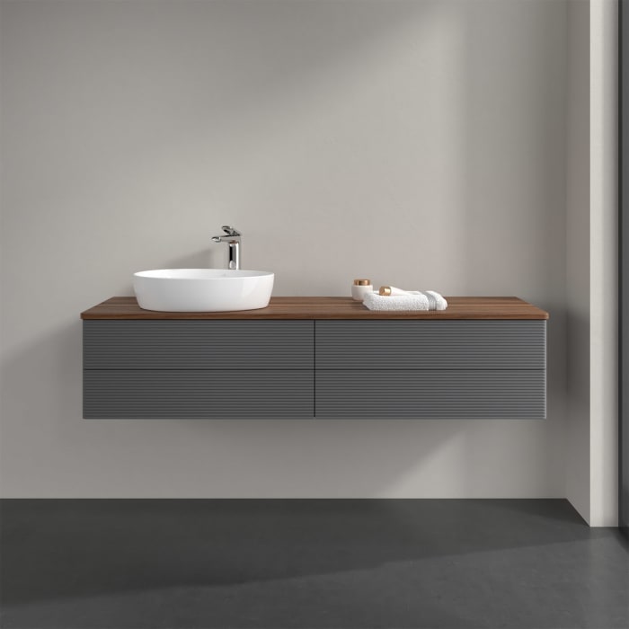 Villeroy & Boch Antao Waschbeckenunterschrank, 160 x 36 cm, 4 Auszüge mit LED-Licht, Front mit Struktur, mit Hahnloch, für Waschtisch links