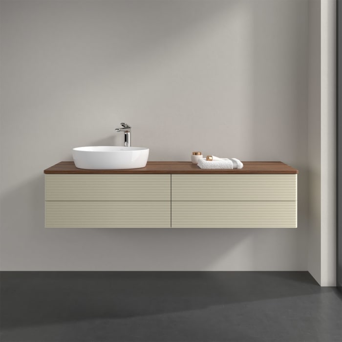 Villeroy & Boch Antao Waschbeckenunterschrank, 160 x 36 cm, 4 Auszüge mit LED-Licht, Front mit Struktur, mit Hahnloch, für Waschtisch links