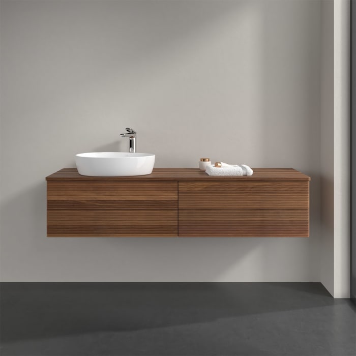 Villeroy & Boch Antao Waschbeckenunterschrank, 160 x 36 cm, 4 Auszüge mit LED-Licht, Front mit Struktur, mit Hahnloch, für Waschtisch links