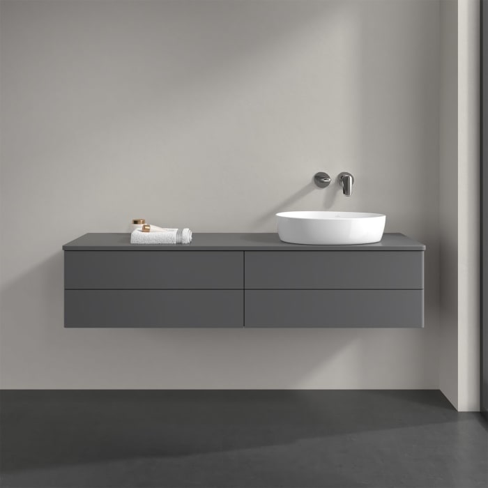 Villeroy & Boch Antao Waschbeckenunterschrank, 160 x 36 cm, 4 Auszüge mit LED-Licht, Front ohne Struktur, ohne Hahnloch, für Waschtisch rechts