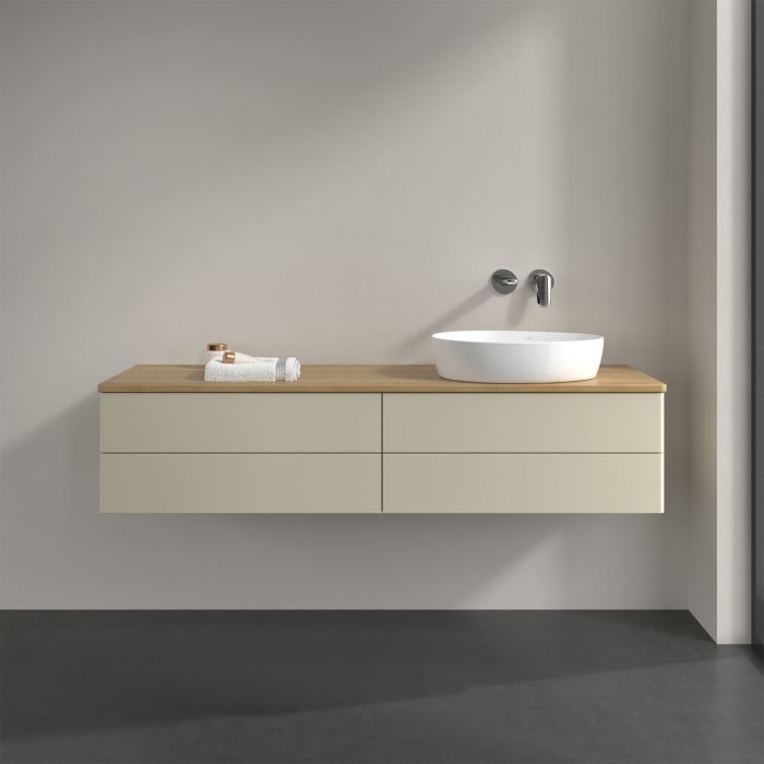Villeroy & Boch Antao Waschbeckenunterschrank, 160 x 36 cm, 4 Auszüge mit LED-Licht, Front ohne Struktur, ohne Hahnloch, für Waschtisch rechts