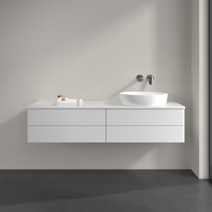 Villeroy & Boch Antao Waschbeckenunterschrank, 160 x 36 cm, 4 Auszüge mit LED-Licht, Front ohne Struktur, mit Hahnloch, für Waschtisch rechts