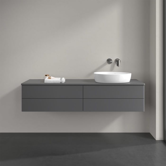 Villeroy & Boch Antao Waschbeckenunterschrank, 160 x 36 cm, 4 Auszüge mit LED-Licht, Front ohne Struktur, mit Hahnloch, für Waschtisch rechts