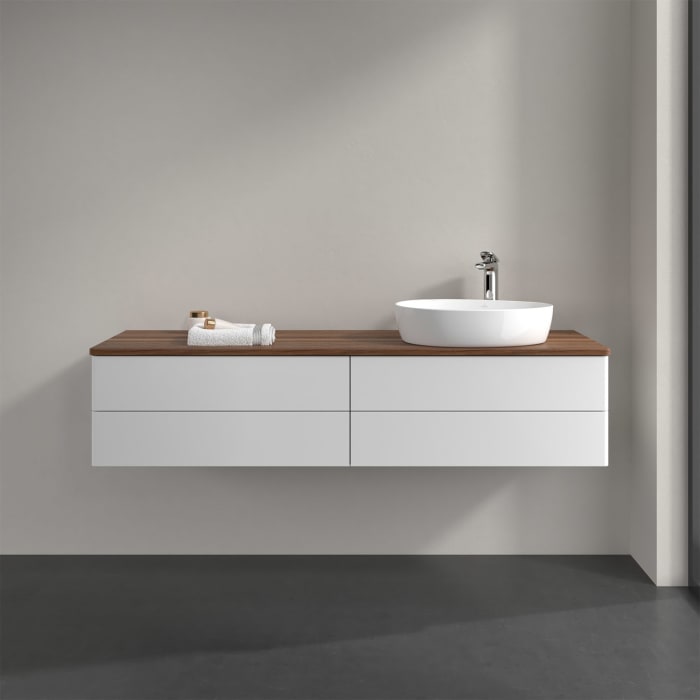 Villeroy & Boch Antao Waschbeckenunterschrank, 160 x 36 cm, 4 Auszüge mit LED-Licht, Front ohne Struktur, mit Hahnloch, für Waschtisch rechts