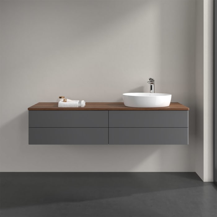 Villeroy & Boch Antao Waschbeckenunterschrank, 160 x 36 cm, 4 Auszüge mit LED-Licht, Front ohne Struktur, mit Hahnloch, für Waschtisch rechts