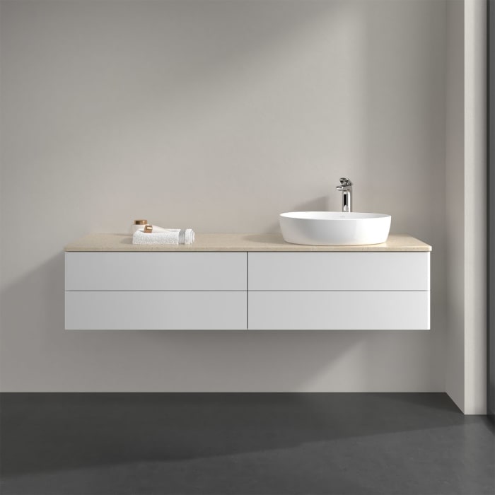 Villeroy & Boch Antao Waschbeckenunterschrank, 160 x 36 cm, 4 Auszüge mit LED-Licht, Front ohne Struktur, mit Hahnloch, für Waschtisch rechts