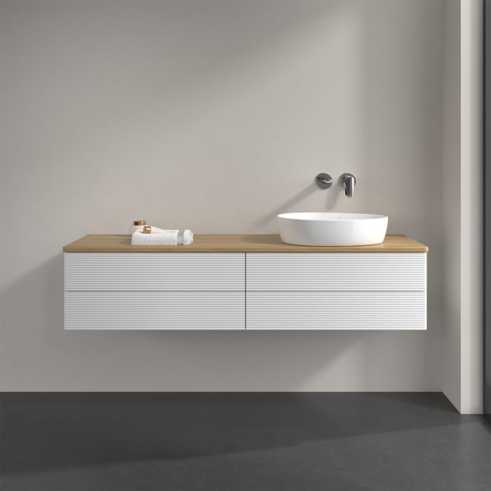 Villeroy & Boch Antao Waschbeckenunterschrank, 160 x 36 cm, 4 Auszüge mit LED-Licht, Front mit Struktur, ohne Hahnloch, für Waschtisch rechts