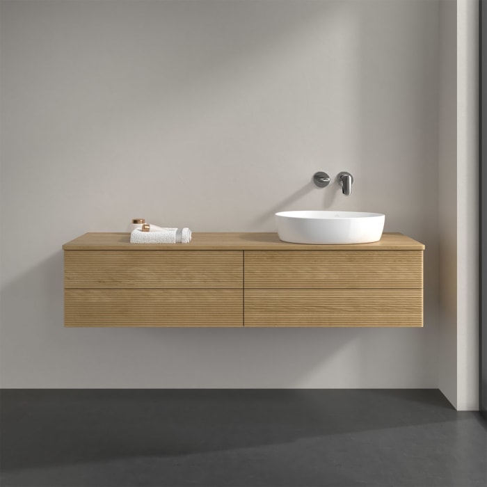Villeroy & Boch Antao Waschbeckenunterschrank, 160 x 36 cm, 4 Auszüge mit LED-Licht, Front mit Struktur, ohne Hahnloch, für Waschtisch rechts