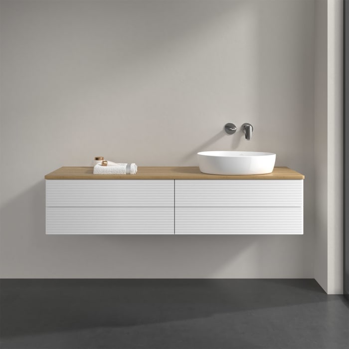 Villeroy & Boch Antao Waschbeckenunterschrank, 160 x 36 cm, 4 Auszüge mit LED-Licht, Front mit Struktur, ohne Hahnloch, für Waschtisch rechts