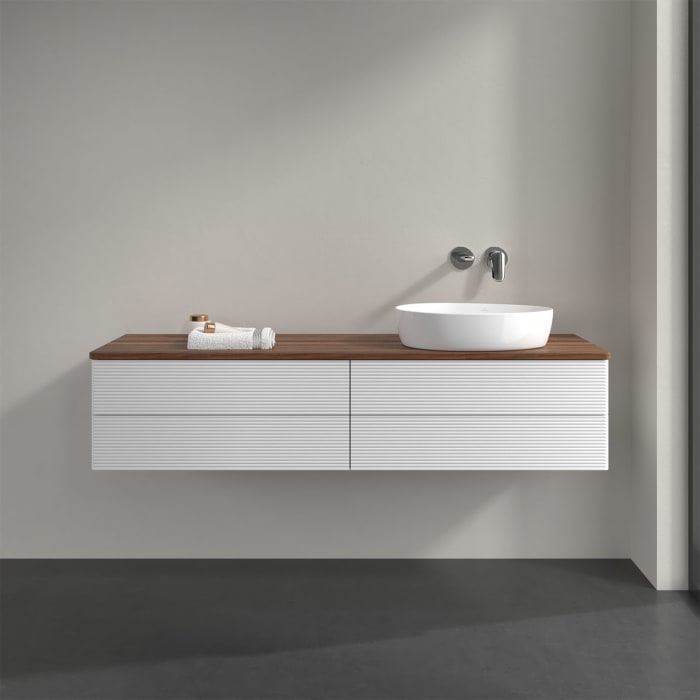 Villeroy & Boch Antao Waschbeckenunterschrank, 160 x 36 cm, 4 Auszüge mit LED-Licht, Front mit Struktur, ohne Hahnloch, für Waschtisch rechts