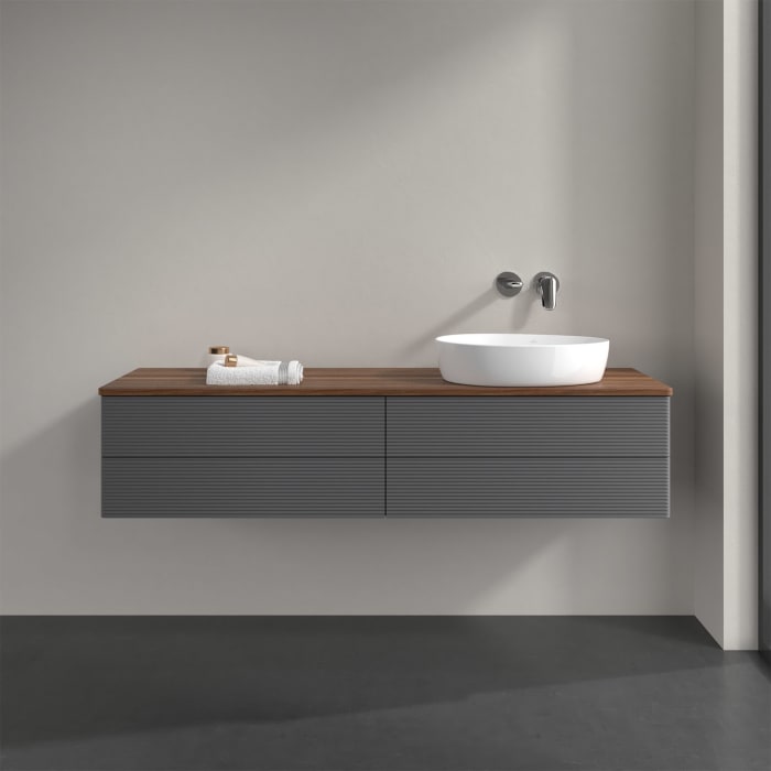 Villeroy & Boch Antao Waschbeckenunterschrank, 160 x 36 cm, 4 Auszüge mit LED-Licht, Front mit Struktur, ohne Hahnloch, für Waschtisch rechts