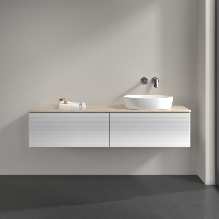 Villeroy & Boch Antao Waschbeckenunterschrank, 160 x 36 cm, 4 Auszüge mit LED-Licht, Front mit Struktur, ohne Hahnloch, für Waschtisch rechts