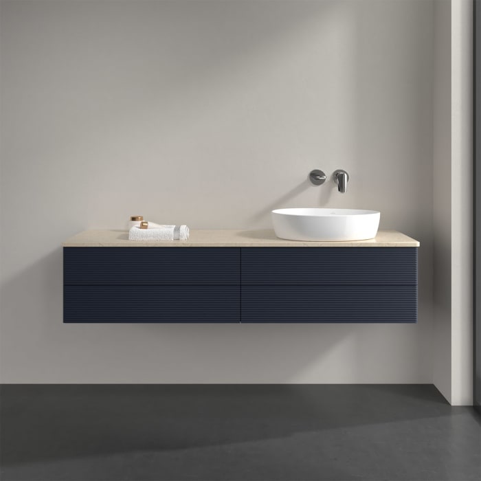 Villeroy & Boch Antao Waschbeckenunterschrank, 160 x 36 cm, 4 Auszüge mit LED-Licht, Front mit Struktur, ohne Hahnloch, für Waschtisch rechts