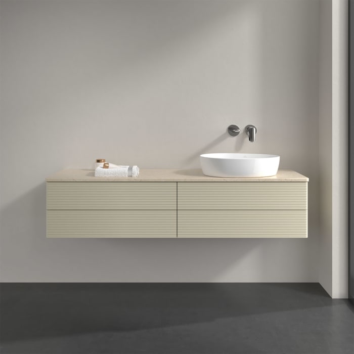 Villeroy & Boch Antao Waschbeckenunterschrank, 160 x 36 cm, 4 Auszüge mit LED-Licht, Front mit Struktur, ohne Hahnloch, für Waschtisch rechts