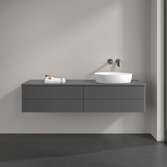 Villeroy & Boch Antao Waschbeckenunterschrank, 160 x 36 cm, 4 Auszüge mit LED-Licht, Front mit Struktur, mit Hahnloch, für Waschtisch rechts
