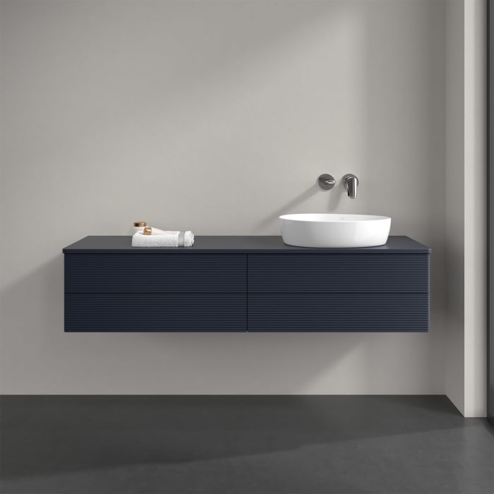 Villeroy & Boch Antao Waschbeckenunterschrank, 160 x 36 cm, 4 Auszüge mit LED-Licht, Front mit Struktur, mit Hahnloch, für Waschtisch rechts