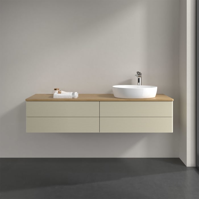 Villeroy & Boch Antao Waschbeckenunterschrank, 160 x 36 cm, 4 Auszüge mit LED-Licht, Front mit Struktur, mit Hahnloch, für Waschtisch rechts