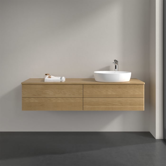Villeroy & Boch Antao Waschbeckenunterschrank, 160 x 36 cm, 4 Auszüge mit LED-Licht, Front mit Struktur, mit Hahnloch, für Waschtisch rechts