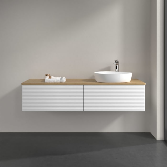 Villeroy & Boch Antao Waschbeckenunterschrank, 160 x 36 cm, 4 Auszüge mit LED-Licht, Front mit Struktur, mit Hahnloch, für Waschtisch rechts