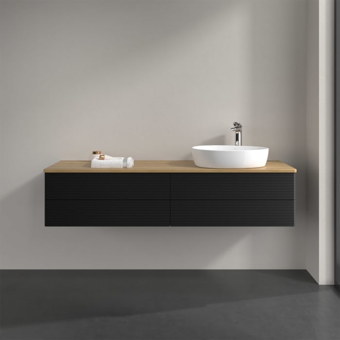 Villeroy & Boch Antao Waschbeckenunterschrank, 160 x 36 cm, 4 Auszüge mit LED-Licht, Front mit Struktur, mit Hahnloch, für Waschtisch rechts