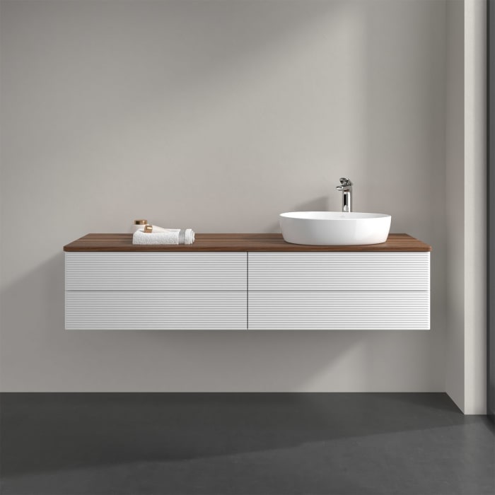 Villeroy & Boch Antao Waschbeckenunterschrank, 160 x 36 cm, 4 Auszüge mit LED-Licht, Front mit Struktur, mit Hahnloch, für Waschtisch rechts